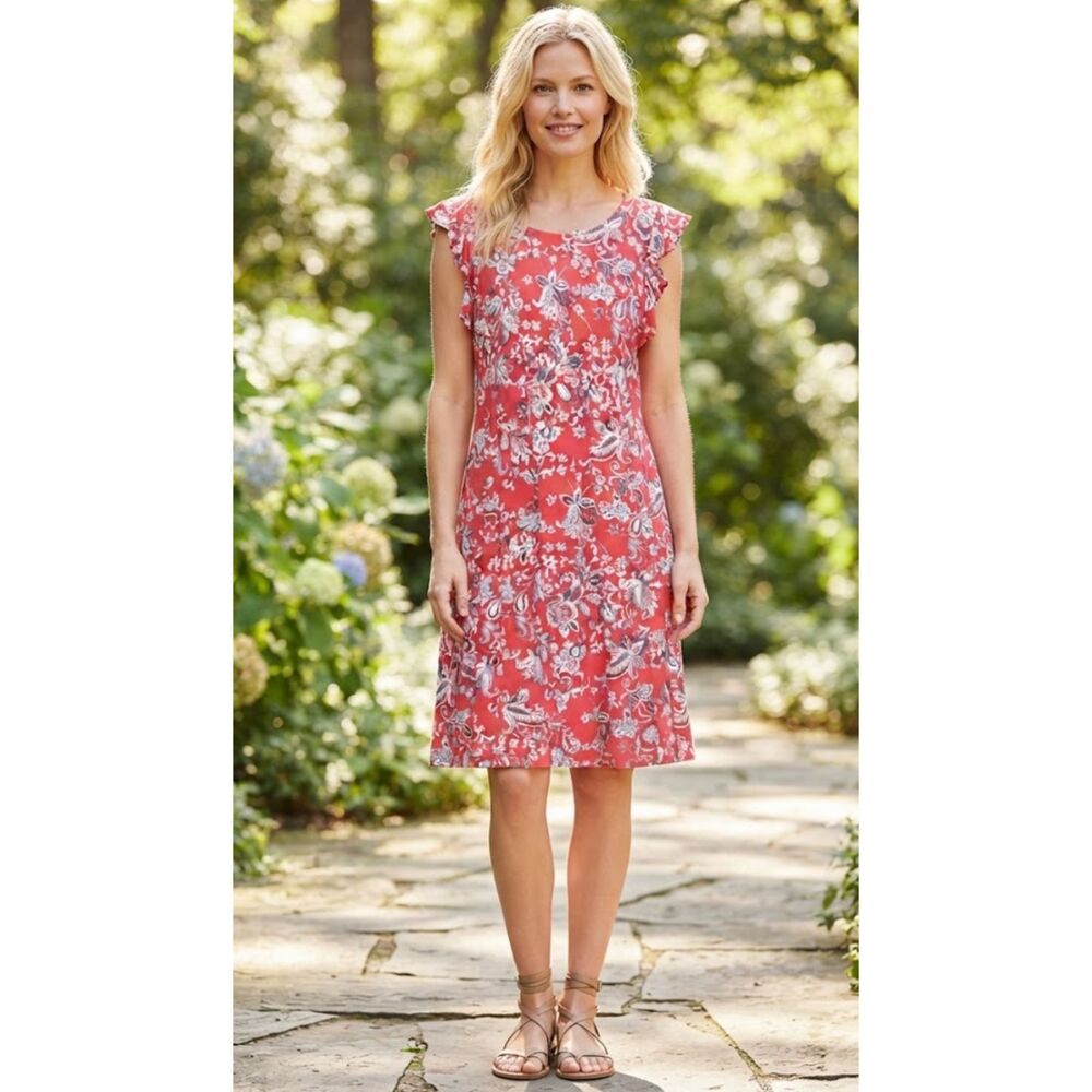 LOFT Coral Paisley Flutter Sleeve Swing Dress Women's Size Small